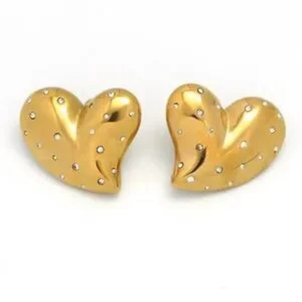 Gold Puffy Large CZ Heart Earrings (7025)